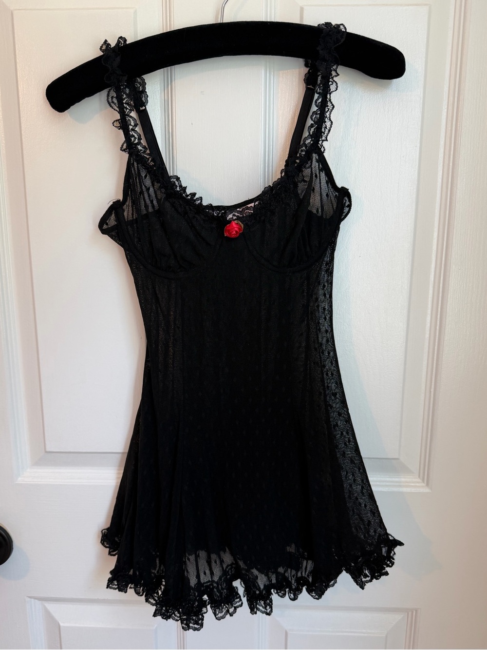 Victoria's Secret Black Lace Chemise with Red Rose 🌹 Accent